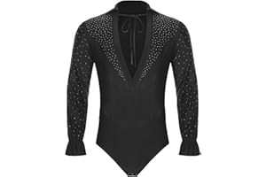 FEESHOW Men's Latin Dance Shirt Leotard Deep V Neck Long Sleeve Jazz Dance Tops Tango Ballroom Dancewear