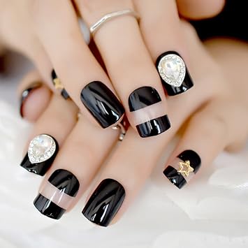 Amazon.com : 24pcs/kit Classic Black French Nail Tips 3d Crystal Decoration Short Full Acrylic Fake Nails Art for Finger Patch Makeup Z868 : Beauty