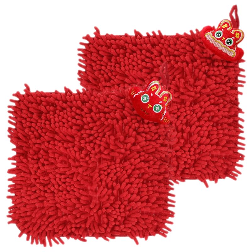 LABRIMP Hand Towels 2pcs Festive Hand Towel Chenille Plush Towels Quick Drying with Lanyard Lovely Chenille Red China Absorb Water