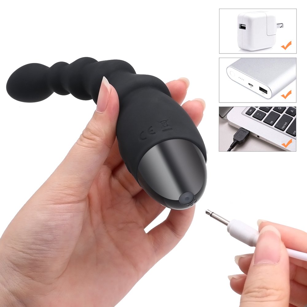 Analvibrator Prostata Massage mit Vibration, Silikon Anal Plug mit 5 Flexibel Kugeln für Frauen und Männer (Schwarz-1)