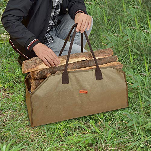 Waxed Canvas Firewood Log Carrier Horse Feeding Tote Wood Carrying Bag Woodpile Fireplace/Camp/Stove/Cabin Durable Heavy Duty Handle - Washed/Resistance soiling Outdoor Indoor(Large Wood Bag) - Thumbnail 4