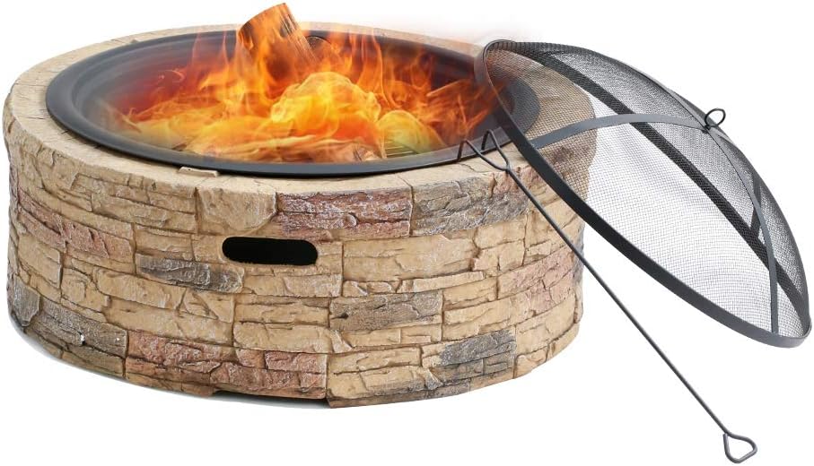 BALI OUTDOORS Wood Burning Fire Pit, 35” Cast Stone Fire Pit, Outdoor Fire Pit with Fire Screen, Lift Hook and Charcoal Grid