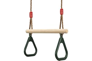 PELLOR Playground Children's Wooden Trapeze Swing Bar with Plastic Gym Rings Swing Set for Indoor & Outdoor Fun