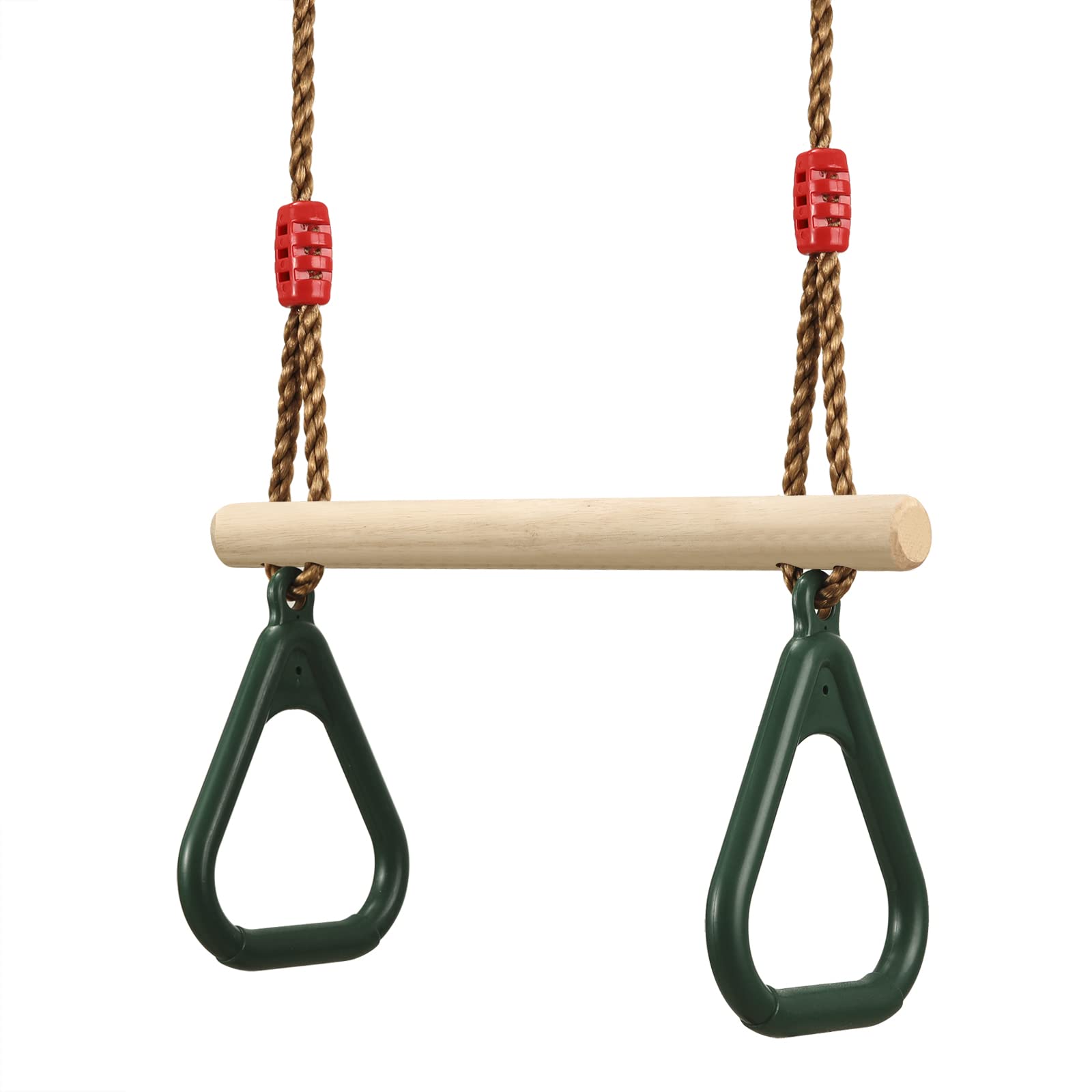 PELLOR Multifunction Children's Wooden Trapeze Swing With Plastic Gym Rings Dark Green