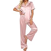Ekouaer Silk Pajamas for Womens Set 2 Piece Satin Pjs Soft Button Down Sleepwear Wide Leg Long Pants with Pockets