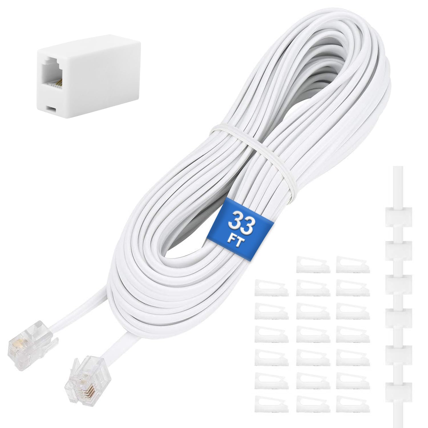 Uvital Phone Extension Cord 33 Ft, 10M Telephone Cable with Standard RJ11 Plug and 1 in-Line Couplers and 20 Cable Clip Holders, White