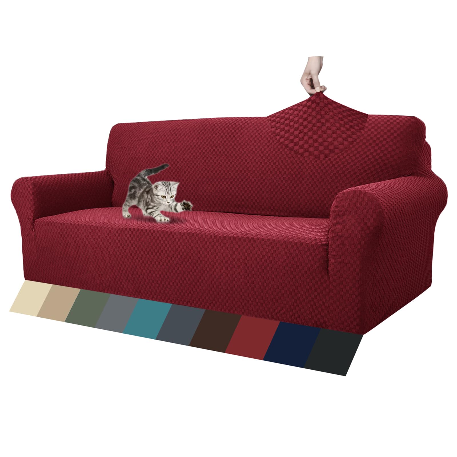 Photo 1 of ZNSAYOTX 1 Piece Jacquard Couch Covers for 3 Cushion Couch Living Room High Stretch Sofa Cover Pets Dogs Friendly Anti Slip Thickened Slipcovers Furniture Protector (Sofa, Wine Red)