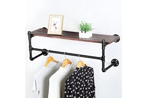 HAOVON Industrial Pipe Clothing Rack Wall Mounted Wood Shelf,Pipe Shelving Floating Shelves,Retail Garment Rack Display Rack Clothes Racks(1 Tier,36in)