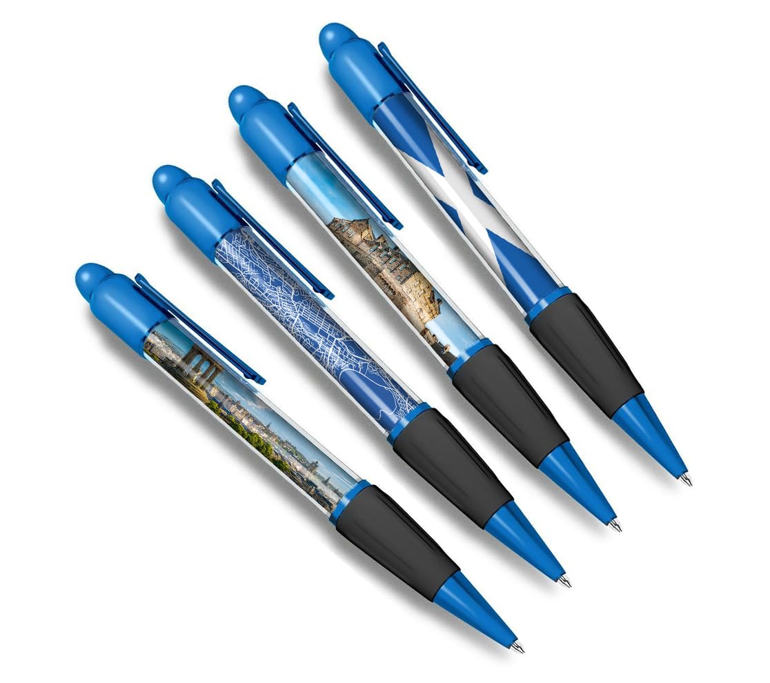 DV DESIGN Set of 4 Edinburgh Blue Ballpoint Pens - Scotland Scottish City Flag Travel Holiday Theme Boys Girls Men Women Pen Black Ink #81359