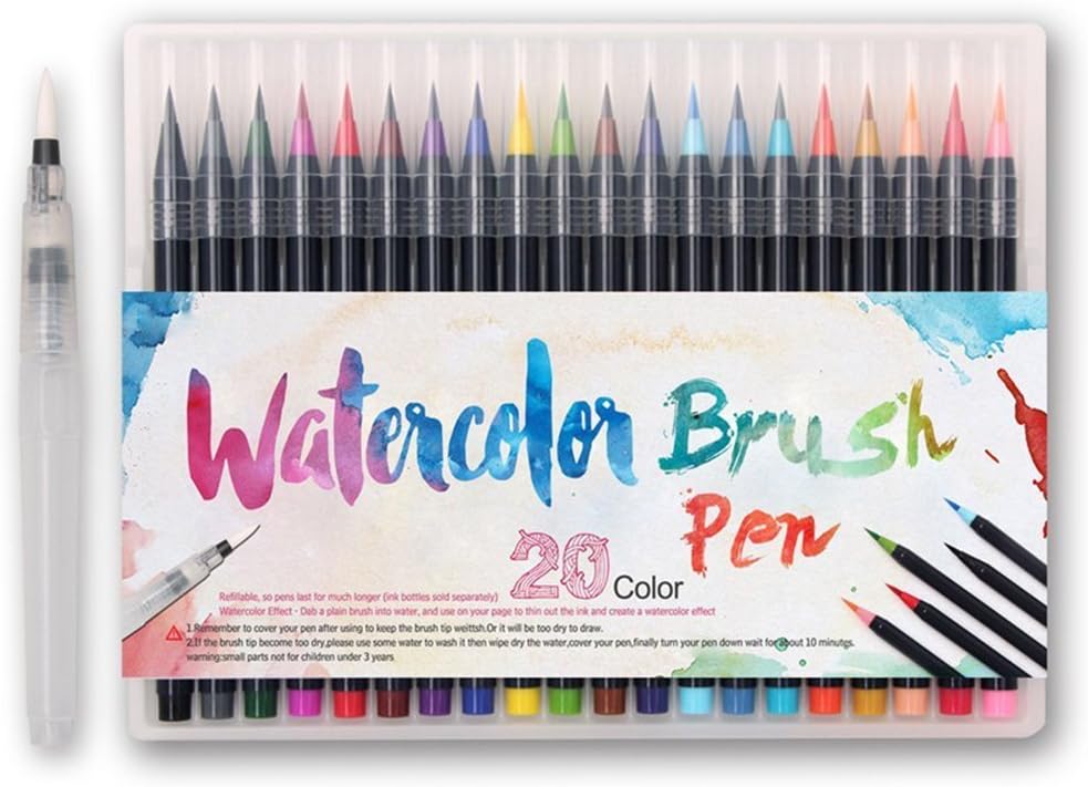 Brush Pen Set Watercolour Pens 20 Colours + 1 Aqua Brush Soft Flexible Real Brush Tip Create Watercolour Effect Best for Adult Colouring Books, Manga, Comic, Calligraphy