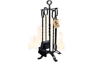AMAGABELI GARDEN & HOME 5 Pieces Fireplace Tools Set Indoor Wrought Iron Fire Place Pit Large Poker Wood Stove Log Firewood Tongs Holder with Handles Modern Black Outdoor Accessories Kit