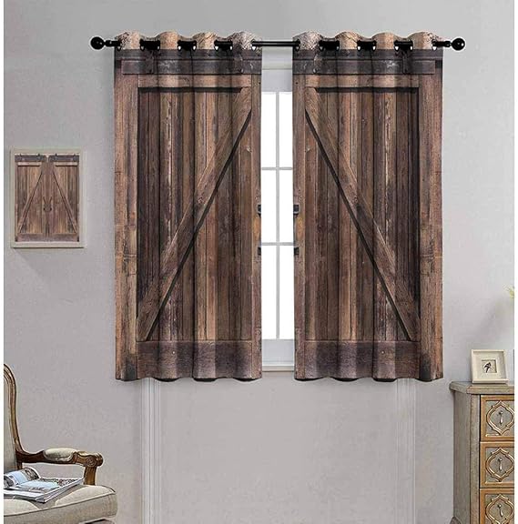Rustic Thermal Insulated Grommet Blackout Curtains, Wooden Barn Door in