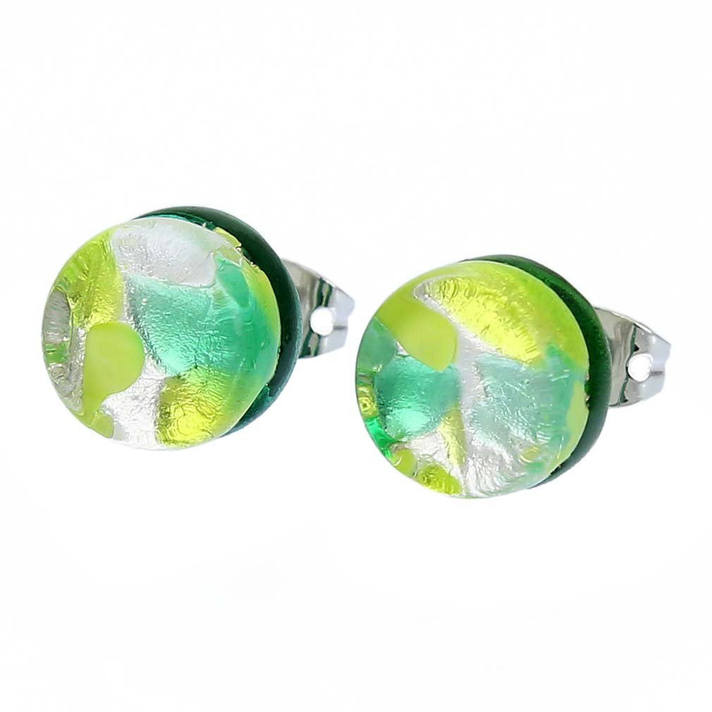 Glass Of Venice Murano Glass Venetian Reflections Round Stud Earrings - Green Silver