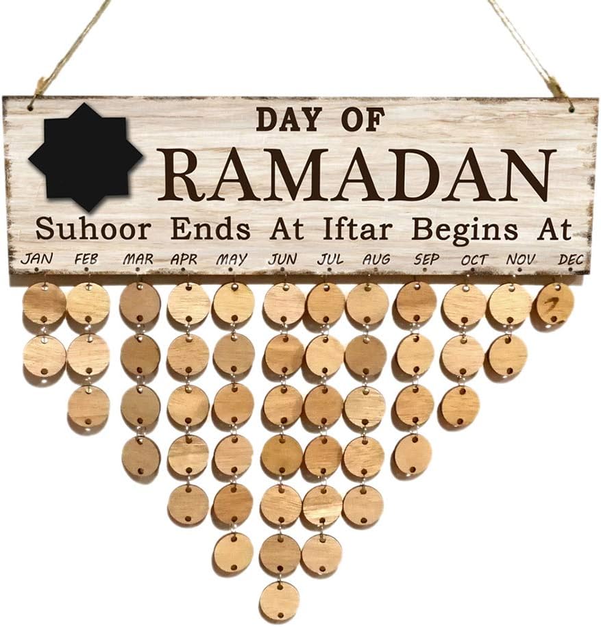 YDZN 1 Set 50pcs Board + 50pcs Ring Countdown Board Eid Mubarak Muslim Islam Ramadan Days Date Notes Pad Plate Calendar Reminding Boards Wooden Home Decoration Festival DIY Ornament