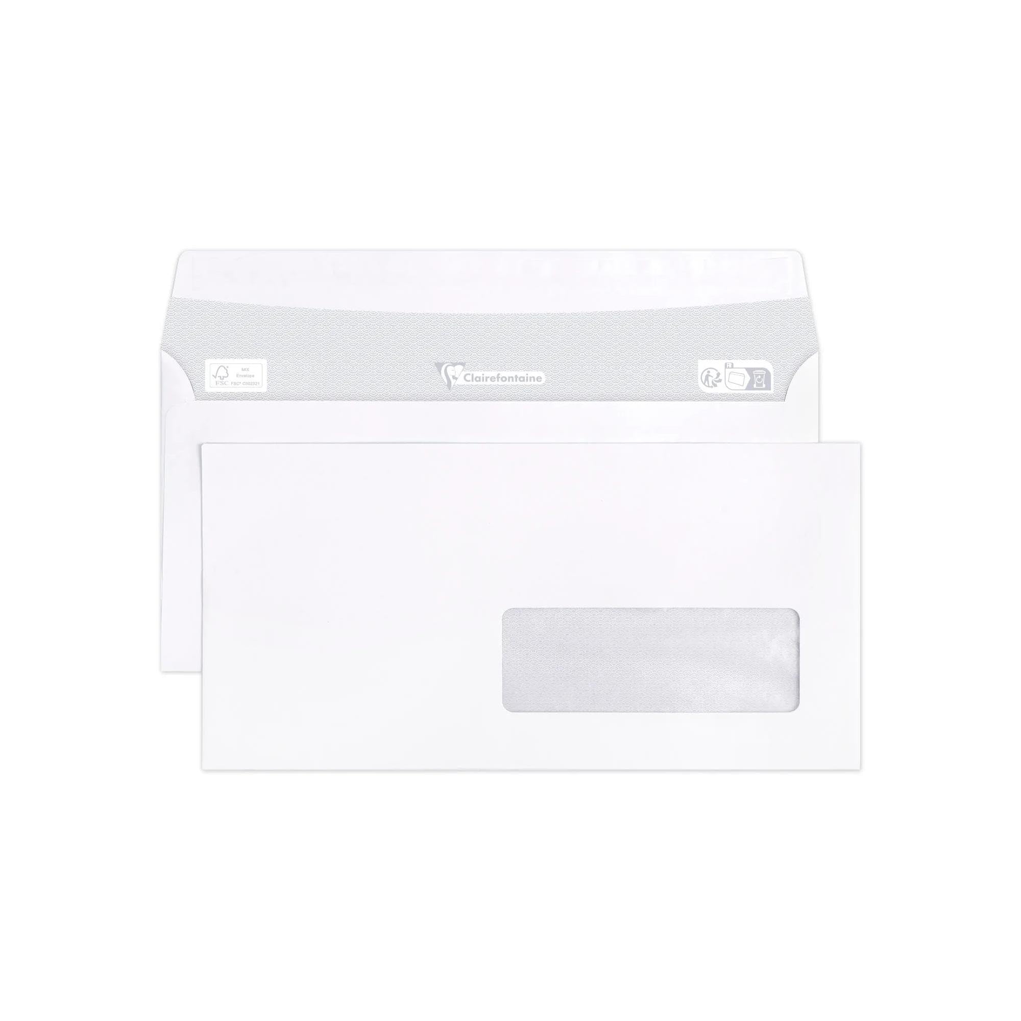 Clairefontaine 109055C - Box of 500 White Envelopes - DL - 110x220mm - Self-Adhesive - 90g/m² - Polyethylene Window 35x100 - (position 20/20) - Mailing