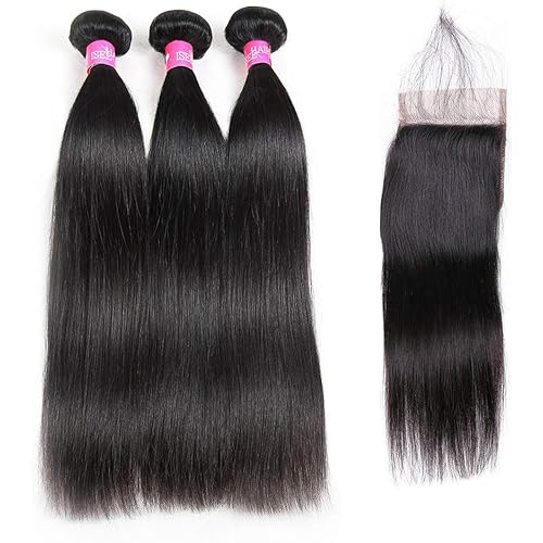 ISEE Hair 8A Malaysian Straight Hair 3 Bundles With Closure Virgin Unprocessed Human Hair Wefts Hair Extensions Deal With Mixed Lengths 10 12 14 Inches With 8 Inches Free Part Closure