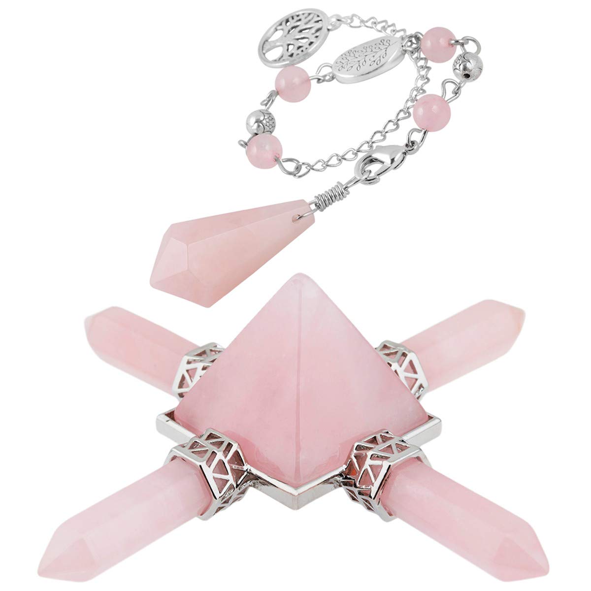Nupuyai Rose Quartz Healing Crystal Kit, Energy Pyramid with 4 Stone Point Wand Dowsing Pendulum Collection Set Reiki Figurine Decor
