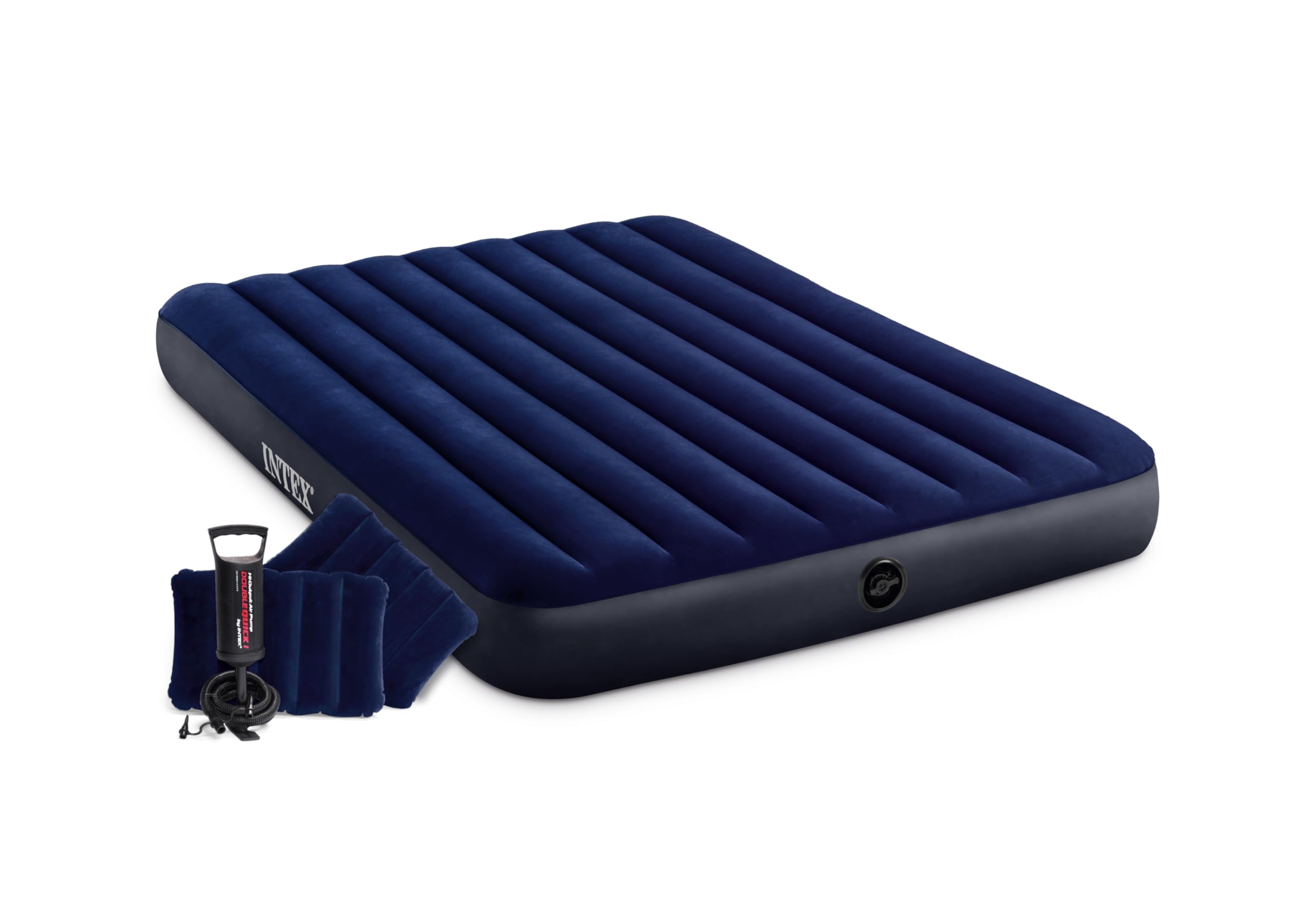 Intex 64765E Dura-Beam Standard Classic Air Mattress with Inflatable Pillows: Fiber-Tech - Queen Size - Hand Pump - 10in Bed Height - 600lb Weight Capacity