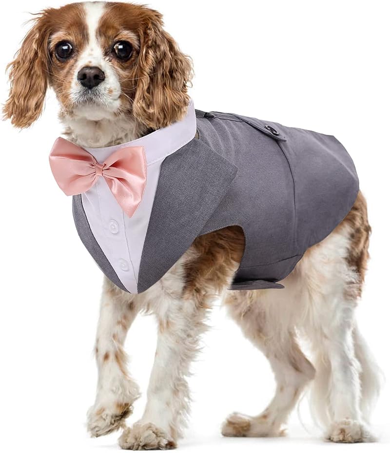 PUMYPOREITY Dog Tuxedo Set with Bandana Grey M Velcro Front Detachable Bow Tie