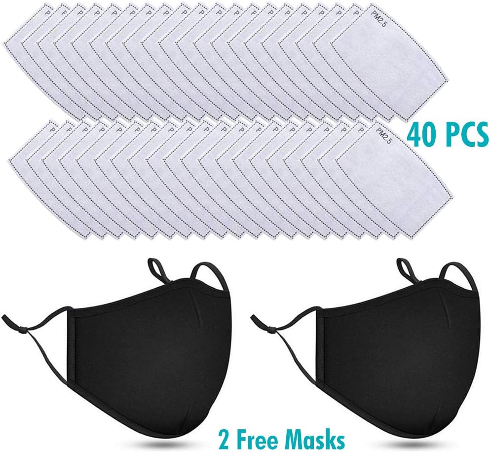 OUBA 40 Pcs Activated Carbon Filters Meltblown Non-Woven Cloth 5 Layers Filters, 2 Pack Free (BlacK) for Women Mens Children Black Cotton Adjustable Reusable Breathing Anti Dust