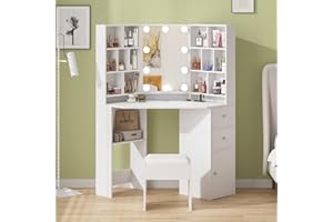 Fameill Corner Makeup Vanity Desk with Lighted Mirror,White Vanity Set with Lights,Large Dressing Tables with Lots Storage for Bedroom,3 Lighting Modes with Adjustable Brightness,46 Inch