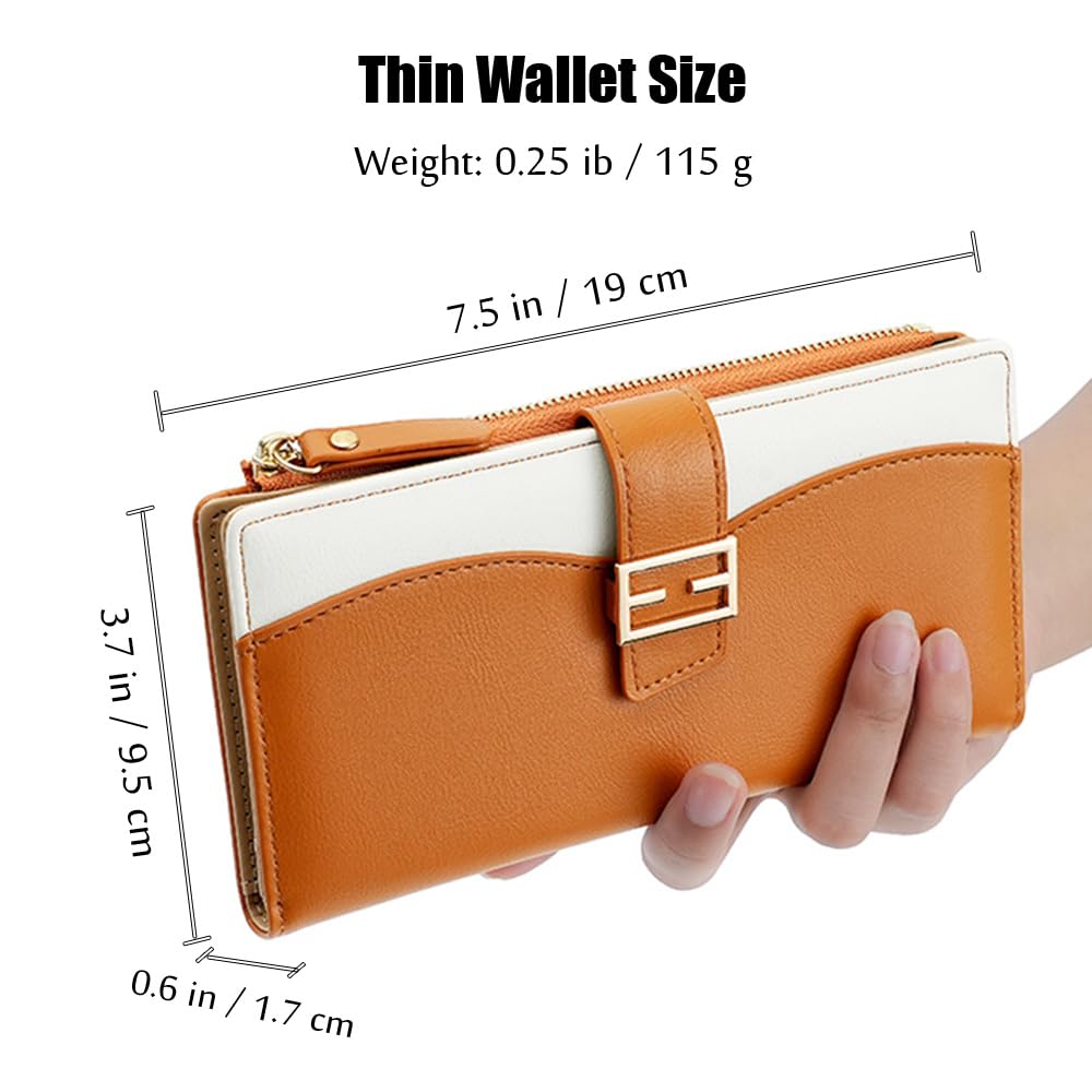 Gosyfeti Slim Thin Wallets for Women, Ladies Trendy Bifold Long Purse, Large Capacity Cards Holder with Zipper Pocket for Cash, Coins, ID Card (Brown)