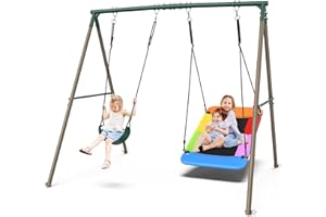 Hapfan Swing Sets for Backyard with 45" Platform Saucer Swing and Belt Swing, 440 lbs Swingset Outdoor for Toddler and Kids 3-8 Backyard