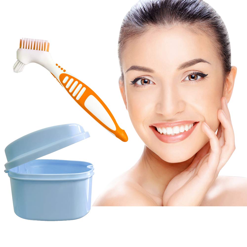 Denture Box Case with Brush, Travel Portable False Teeth Cup with Strainer, Denture Bath Container for Complete Cleaning Care (Light Blue) : Beauty