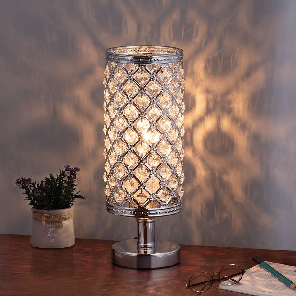 Crystal Table Lamp Sparkle Nightstand Lamp Modern Accent Round Night Light With Chrome Lampshade Metal Base Decoration For Master Bedroom Bedside Living Room Coffee Shop Amazon Com