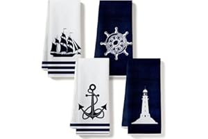 4 Pcs Lighthouse & Sailboat Kitchen Towels Dish Towel, Ocean Themed Waffle Hand Towels for Kitchen Home Bathroom, Sea Summer 