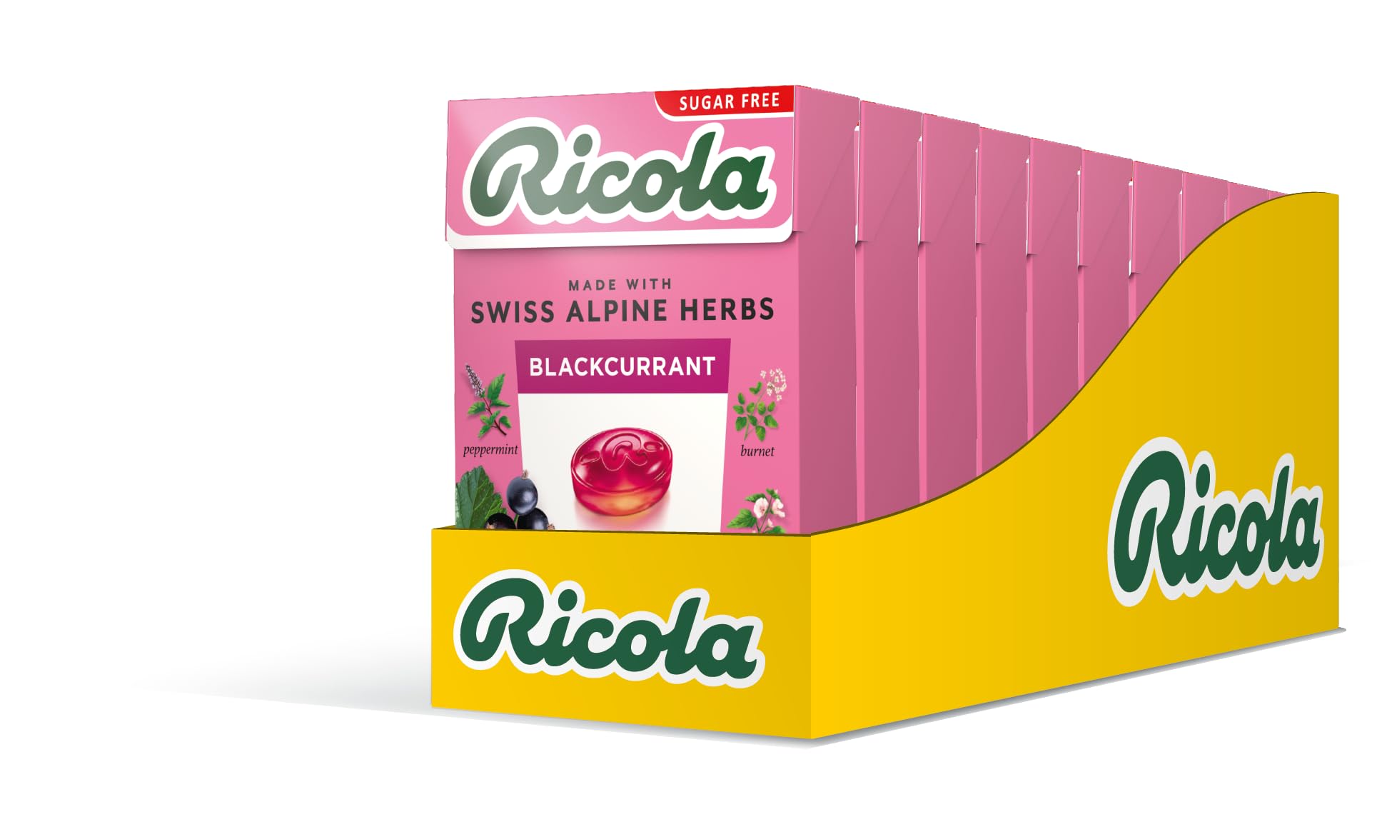 Ricola Blackcurrant Sugar Free Swiss Herbal Sweets, Herb Drops, Sweet Box 45g - Pack of 10 Boxes