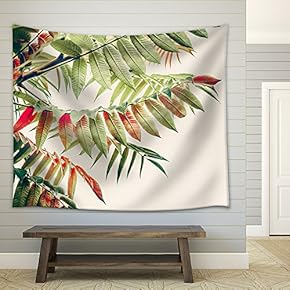 Beautiful Green red Leaves. Tropical Leaves on Light Background. Autumn Fall Nature - Fabric Wall Tapestry Home Decor - 51x60 inches