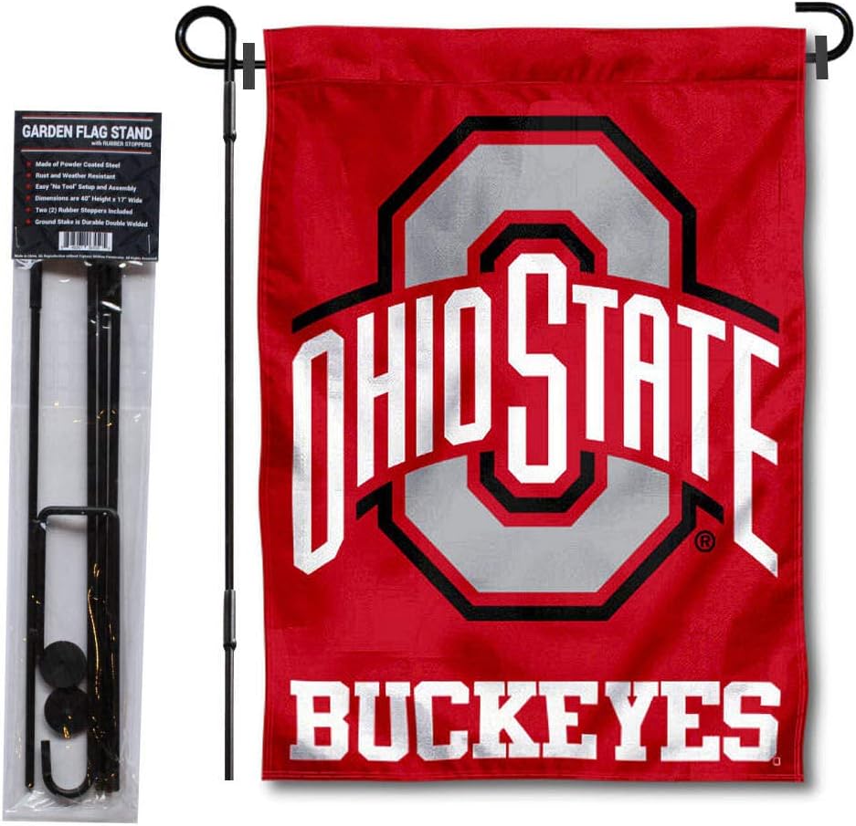 College Flags & Banners Co. Ohio State University Buckeyes Garden Flag and Flag Stand Pole Holder Set