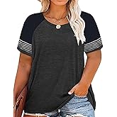 RITERA Plus Size Tops for Women Short Sleeve Raglan Tunic Casual Colorblock Shirts Oversized Crewneck Henley Shirts