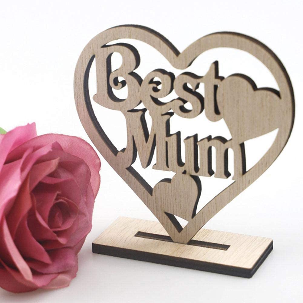 Wood Hollow Heart Decoration Figurine Heart Shaped Wooden Embellishments for Birthday Mom's Day(Best Mom)