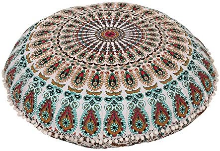 Anokhiart Pink Brown Multi Indian Mandala Round Floor Pillow Cushion Decorative Throw Pillowcases 32" Boho Pouf Cover Pom Pom Pillow Shams Outdoor Cushion Cover