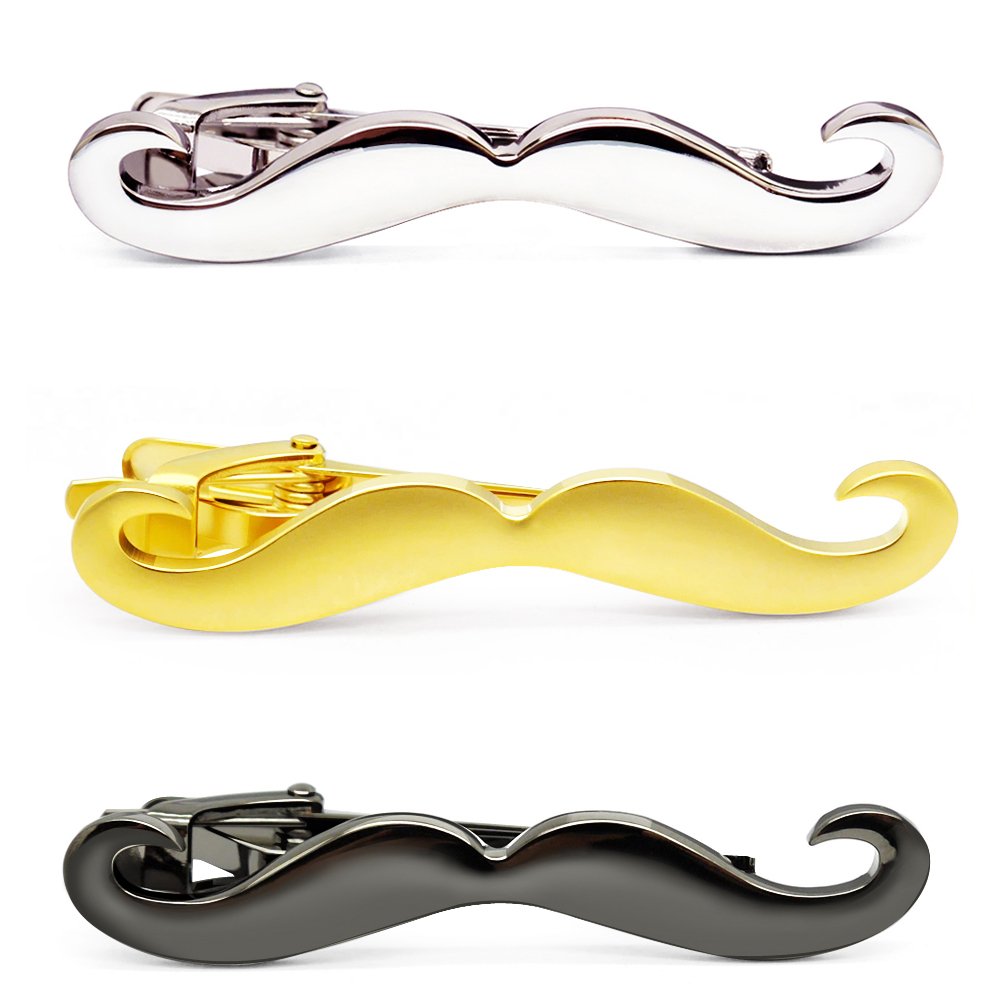 HONEY BEAR 3pcs Mens/Boys Moustache Beard Tie Clip Bar Set for Skinny Narrow Size/Normal Size Tie Stainless Steel for Business Wedding Gift (5.6cm without box)