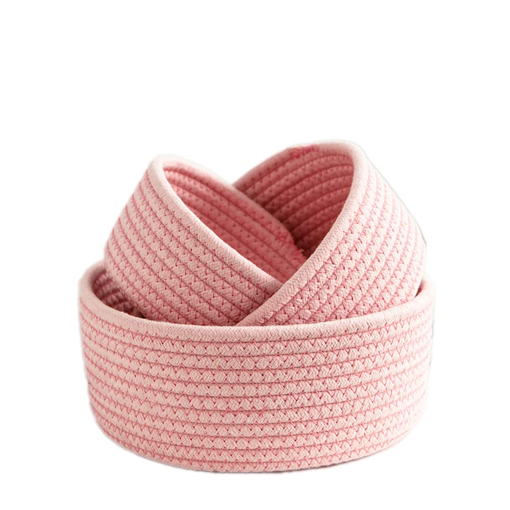 Duories Pack of 3 Round Storage Baskets, Cotton Rope, Braided Changing Table Organiser, Bathroom Organiser, Baby Toy Organiser, for Baby Room, Bedroom, Living Room, Laundry Room, Pink, S + M + L