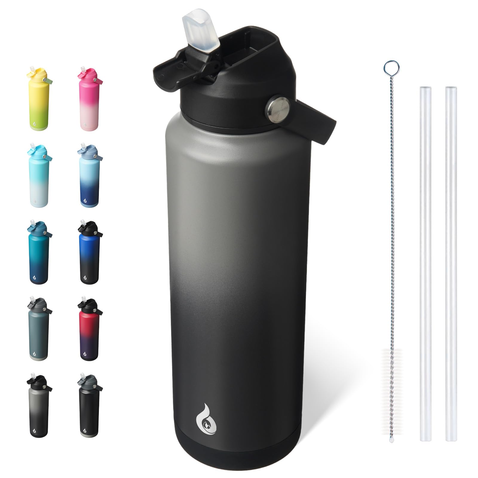 Photo 1 of BJPKPK Insulated Water Bottle with Straw Lid, 40oz Large Thermo, BPA Free Leak Proof Stainless Steel Metal Water Bottles, Tumblers, Cups, Flasks for Travel, Sports,Black Grey