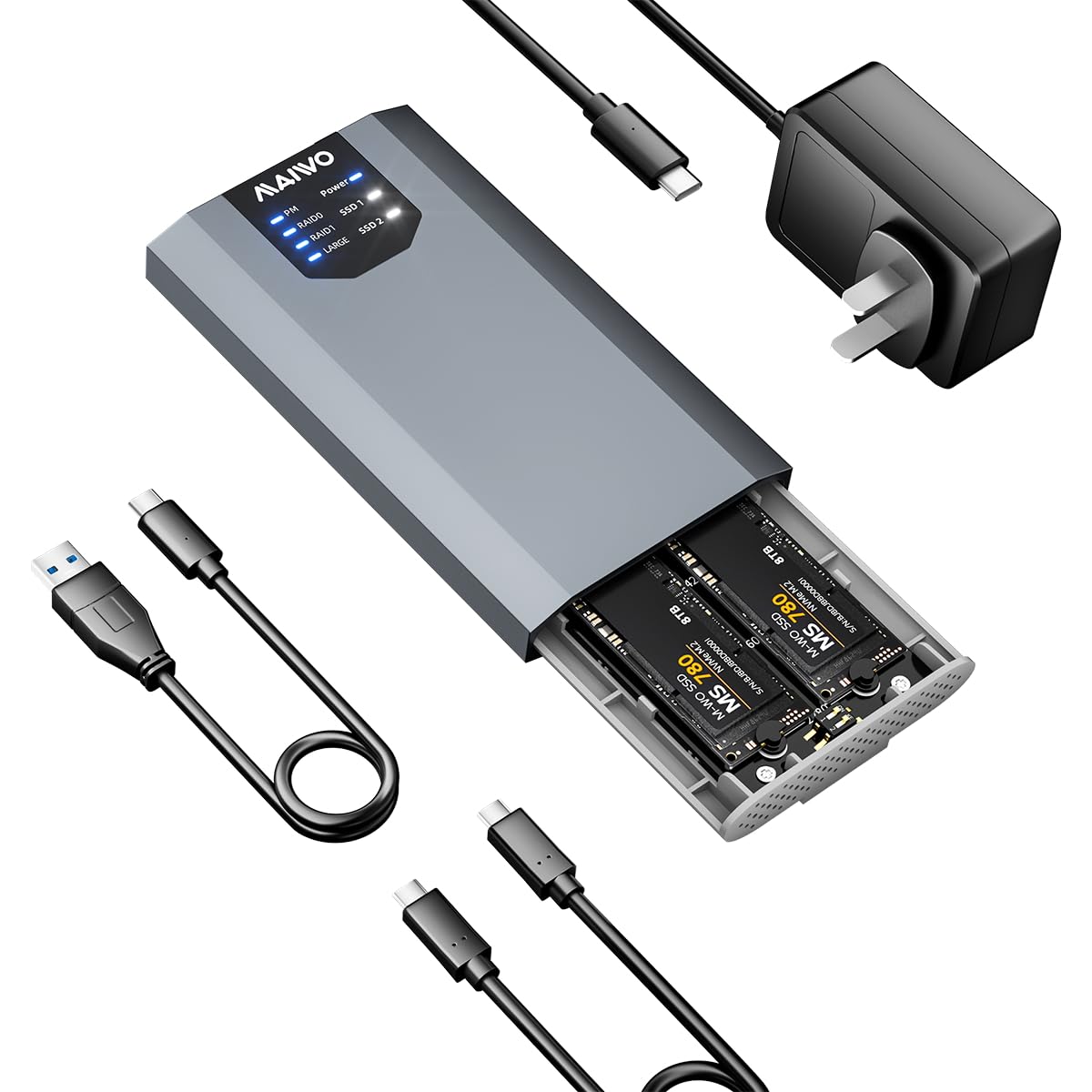Photo 1 of MAIWO Dual M.2 NVMe SSD Enclosure with 4 RAIDs, M.2 NVMe PCIe RAID Enclosure Supports RAID0/1/PM/Large, USB 3.2 Gen2x2 Type-C 20Gbps Speed, 8TB Capacity
