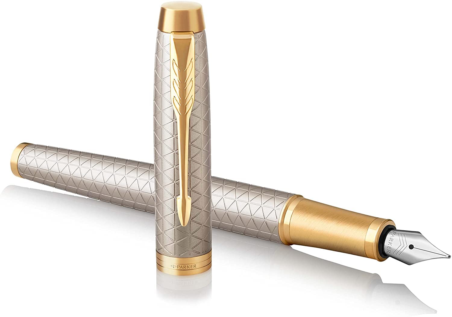 Parker Pen IM Premium Metal Fountain Pen - Warm Silver Champagne with Diamond Pattern - Gold Trim - Fine Nib - Black Ink - Gift Boxed