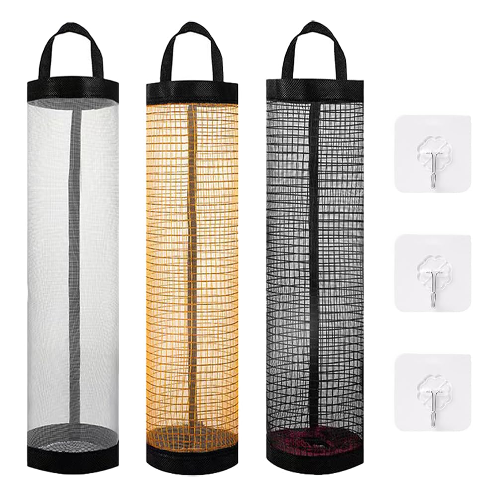 TRKETK 3 Pcs Plastic Bag Holder, Hanging Garbage Bag Carrier Bag Storage Holder with 3 Pcs Sticky Hooks Foldable Mesh Hanging Storage Bag Plastic Bag Dispenser for Home Kitchen Garbage Bag Storage