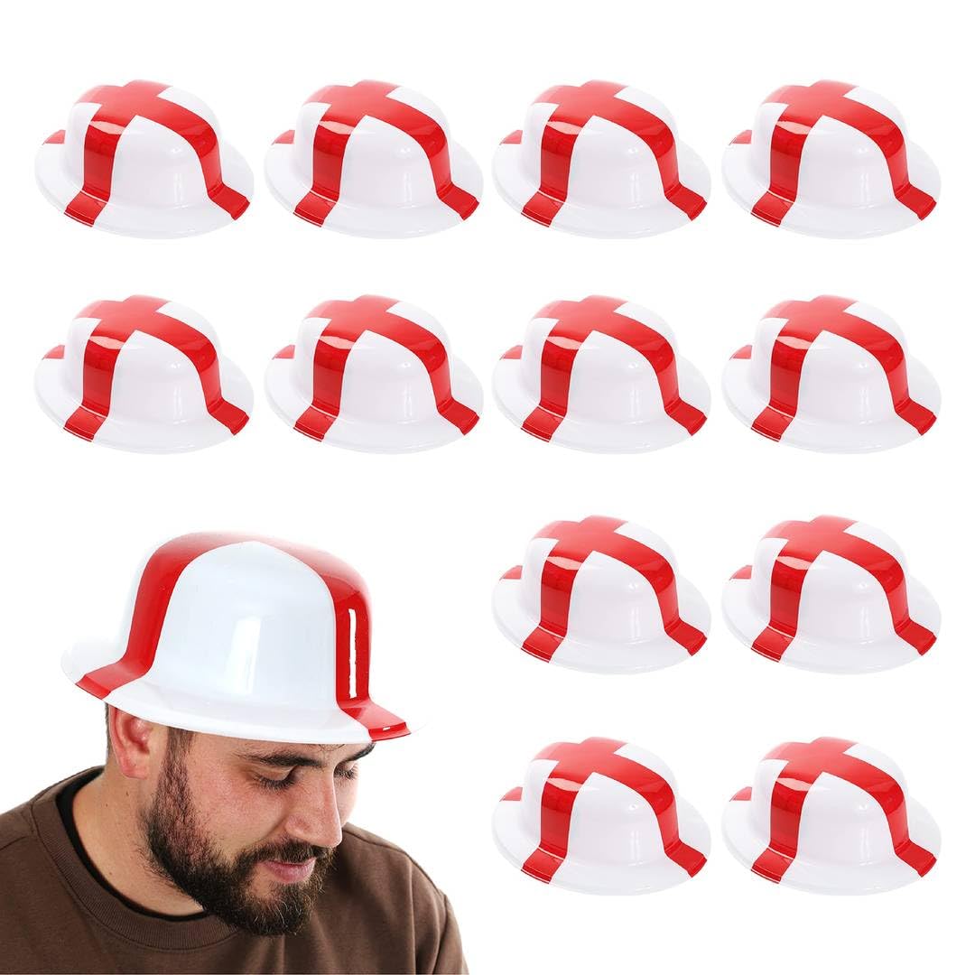 England Bowler Hat - Pack of 12 - English St Georges Flag Bowler Hat - Fancy Dress Accessory for Indoor Outdoor Sporting Events, Street Parties, Festivals and Celebrations