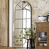 OGCAU Full Length Arched Floor Mirror, 65"x22" Window Pane Design, Decorative Hanging or Leaning, Full Body with Iron Frame for Bedroom Living Room (Black)