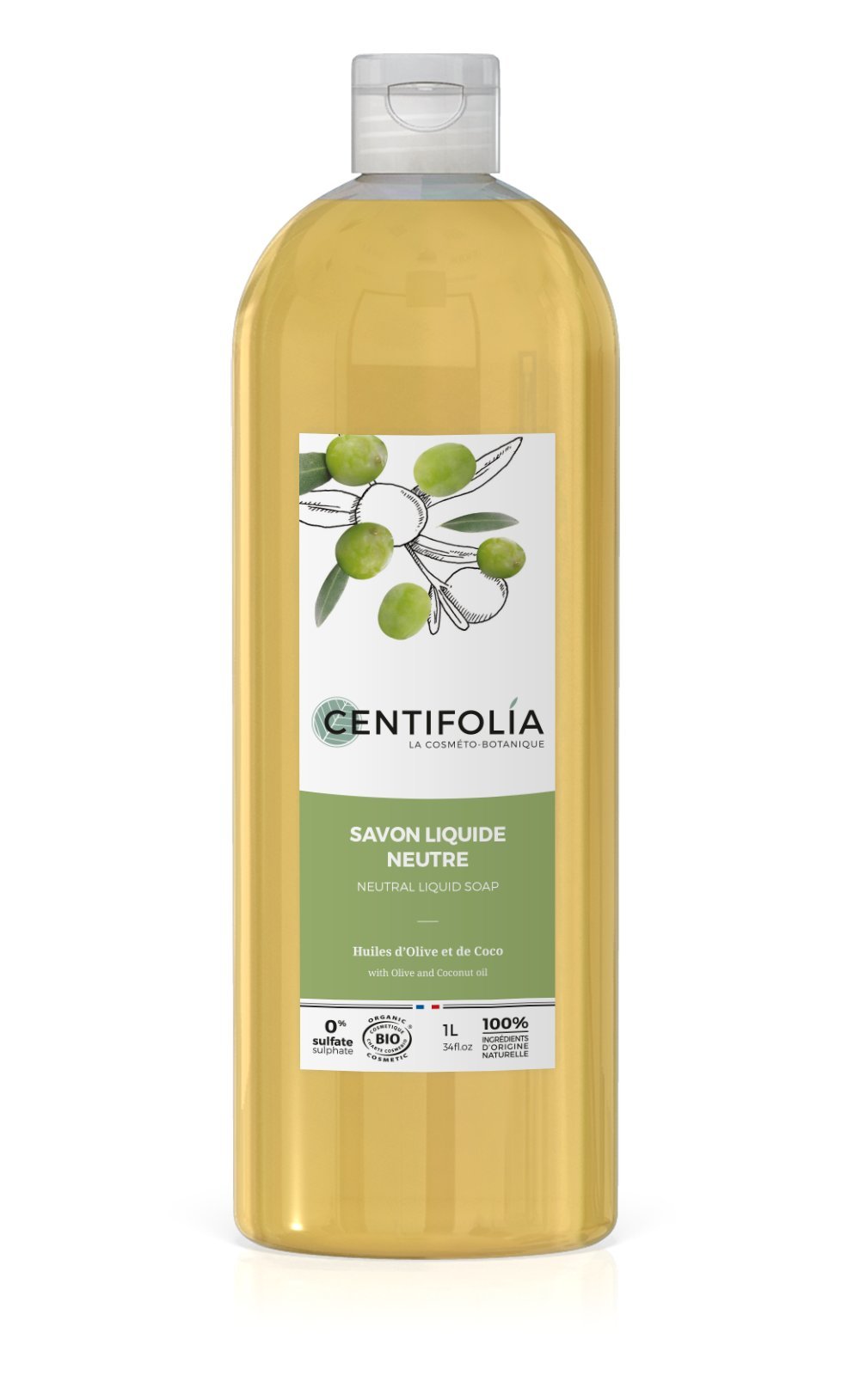 Centifolia Savon Liquide Neutre Huile d'Olive et de Coco 1L Bio Pour Peau Normale, Peau Sensible