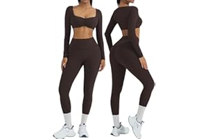 OMKAGI 2 Piece Workout Sets for Women Long Sleeve Padded Sports Bra High Waisted Gym Outfits with Pocket