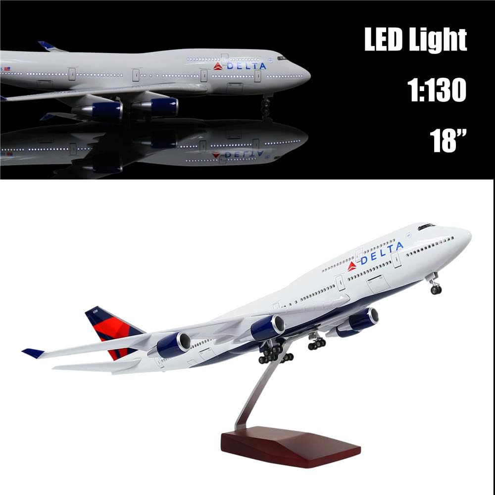 LESES 46cm 1:130 Scale Diecast Plane Model Delta 747 with LED Light(Touch or Sound Control) for Decoration or Gift