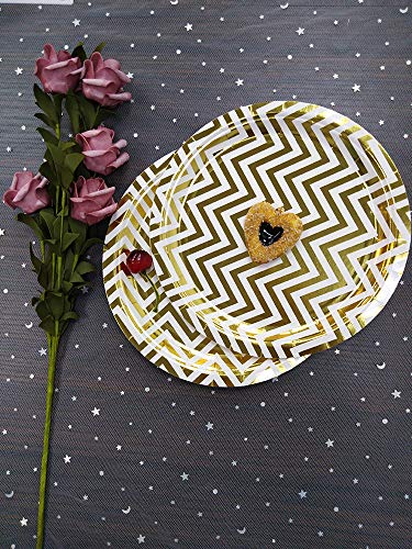 Ottin White and Gold Chevron Party Tableware 24 Guests Disposable Dinnerware Paper Plates and Napkins Sets for Wedding Birthday Party Celebrations(Foil Yellow Chevron with Paper Straw, 24 guest)