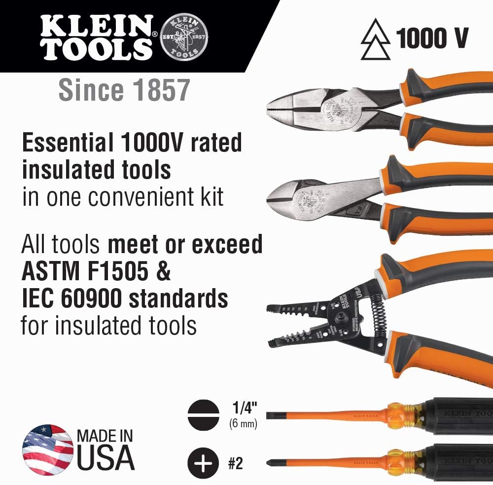 Klein Tools 94130 1000V Insulated Screwdriver Tool Set with #2 Phillips and 1/4-Inch Cabinet Slim Tips, 2 Pliers and Wire Stripper - - 