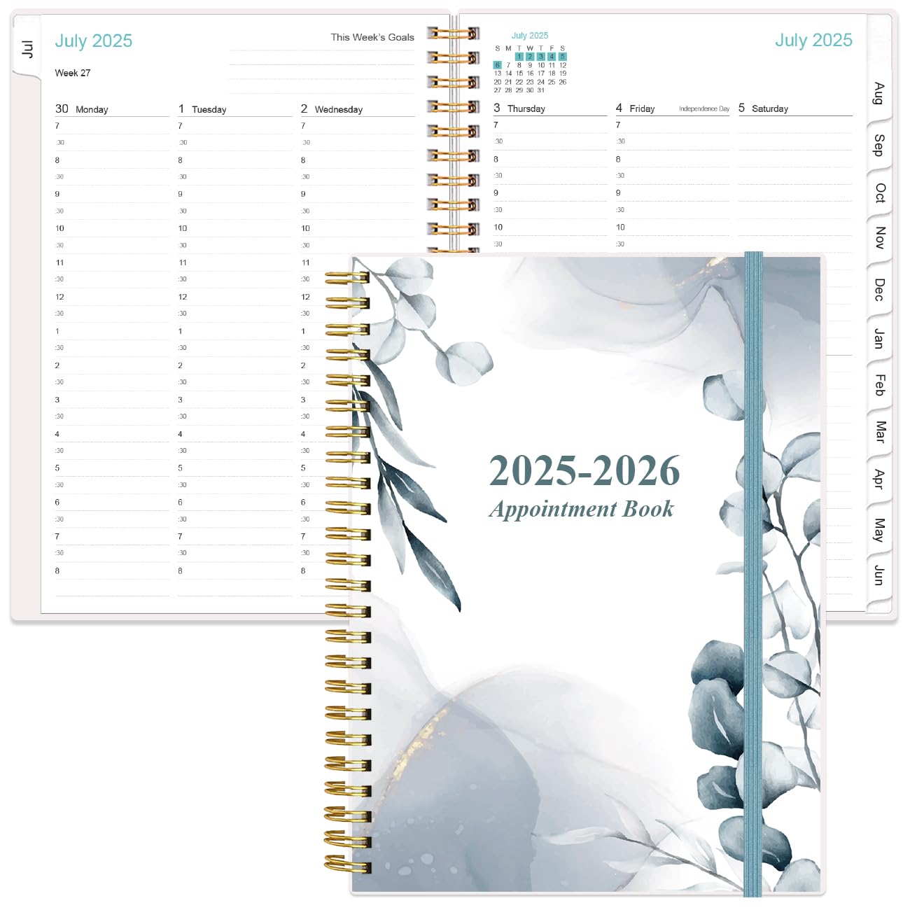 Photo 1 of 2025-2026 Appointment Book - 2025-2026 Daily Hourly Planner from July 2025 - June 2026,12 Monthly Tabs, Inner Pocket, 6.4" x 8.5", Blue Leaf